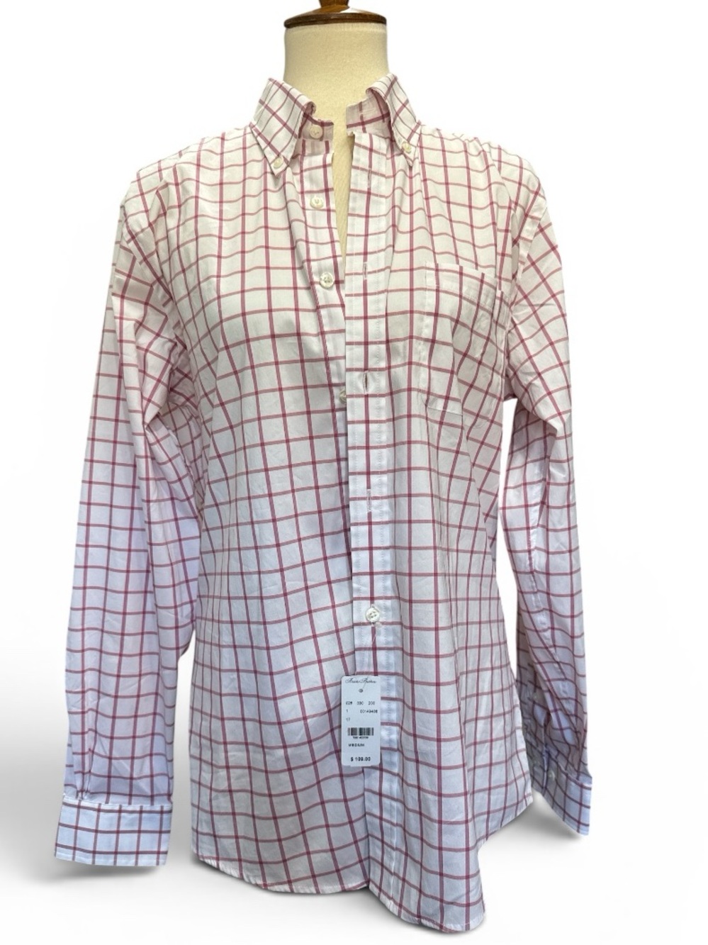 Brooks Brothers White Button-Down Shirt with Pink Windowpane Check #582